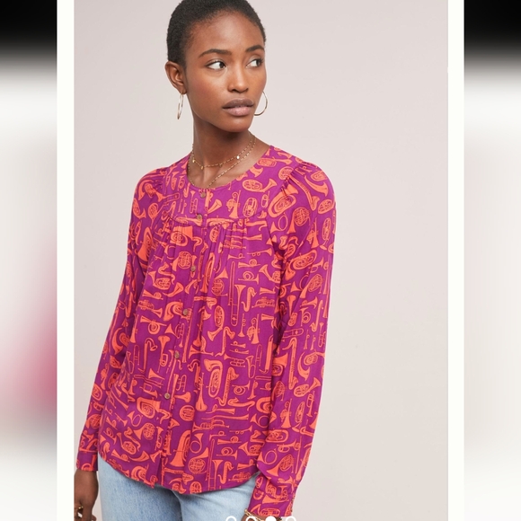 Anthropologie 22 of 52 Conversations Women’s Size US 4 Novelty Print Blouse Top - Picture 1 of 12